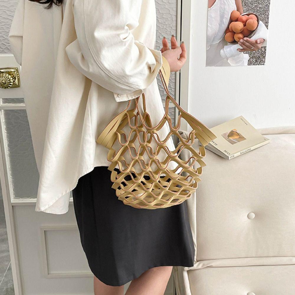 Foldable Leather Mesh Tote Bag Large Capacity Hollow Out Weave Bag Sweet Beach Handbag Storage