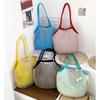 Spring Dopamine Contrasting Color Beach Bag Mesh Pocket Hollow Woven Bag Island Vacation Picnic Travel Shoulder Handbag