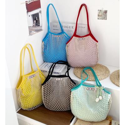Spring Dopamine Contrasting Color Beach Bag Mesh Pocket Hollow Woven Bag Island Vacation Picnic Travel Shoulder Handbag