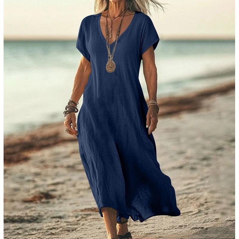2026 Cotton Linen Midi Dress Women Loose V-Neck A-Line Sleeveless Elegant Casual Long Office Travel Beach
