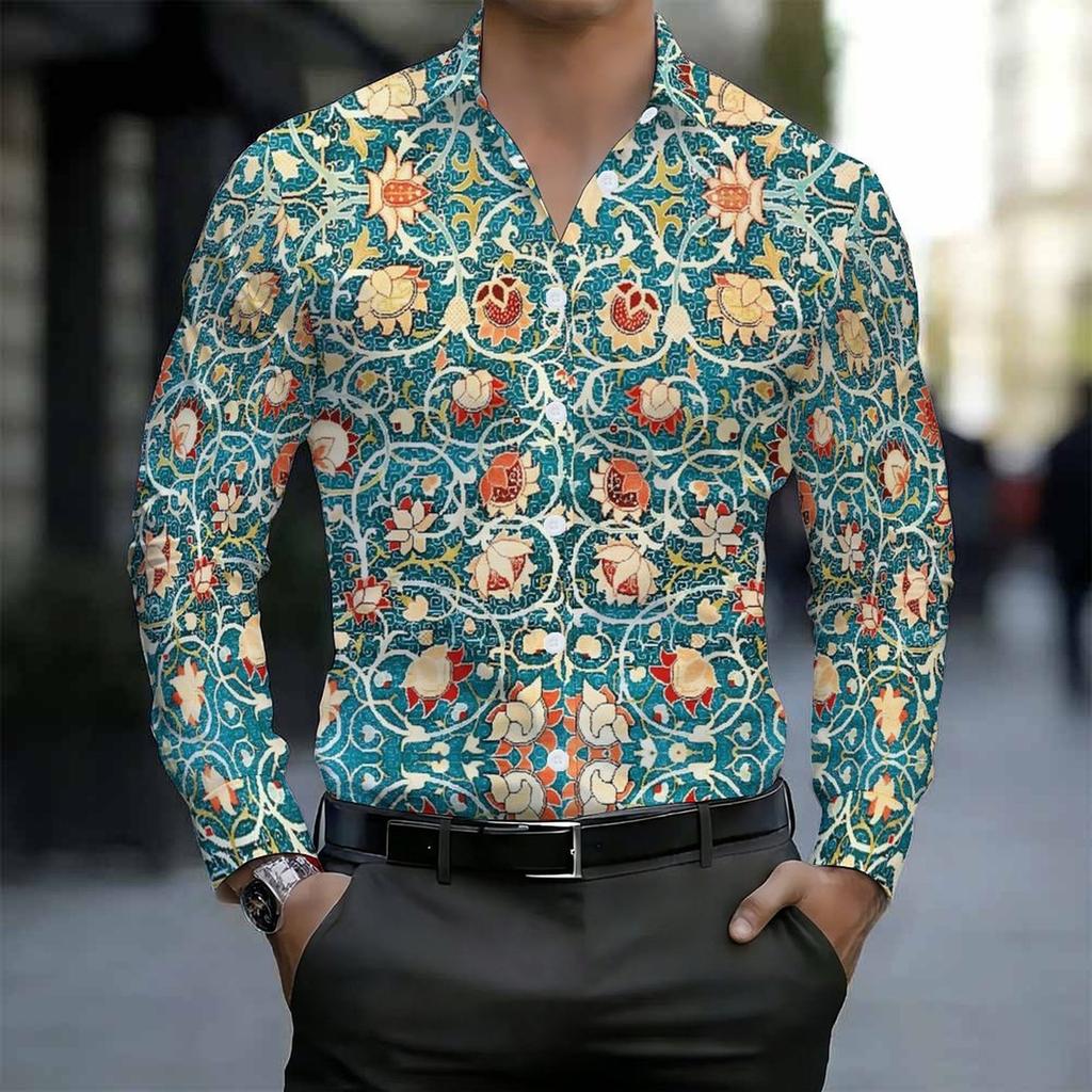 Chemise Homme à Col Bleu Canard Vintage Motif Floral Orné à Volutes Manches Longues Boutonnée