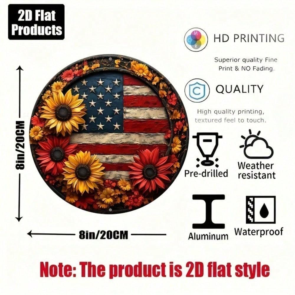 American Flag Sunflower Round Metal Wall Art 8x8 Inch Patriotic Aluminum Sign For Home Kitchen Bar Office Decor