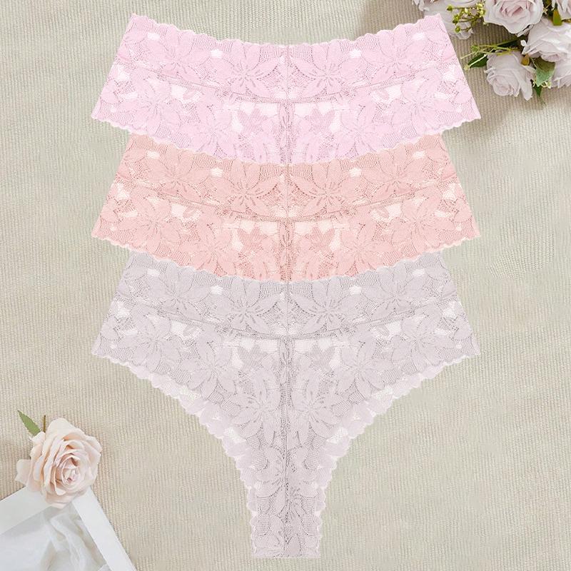 3Pcs/Set Women's High Waist Panties Ladies Sexy Lace Hollow Out Thong Breathable Transparent G-strings Solid Color Soft Lingerie
