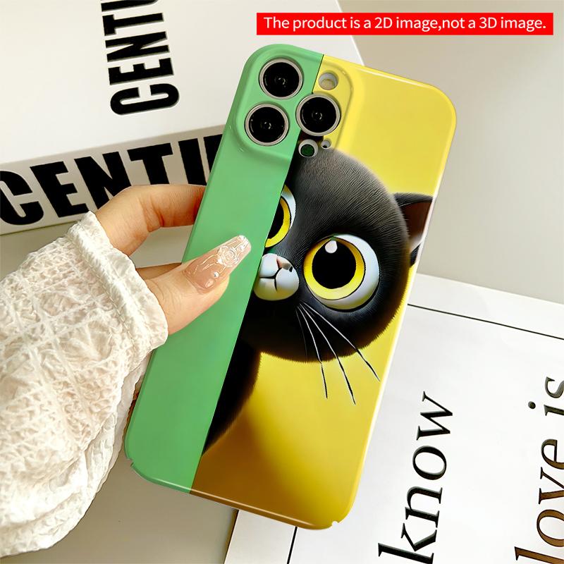 2DFlat Curious Black Cat Peeking Behind Green Wall All inclusive film hard iPhone case, compatible with iPhone 18 Pro Max 17 16 15 14 13 12 11