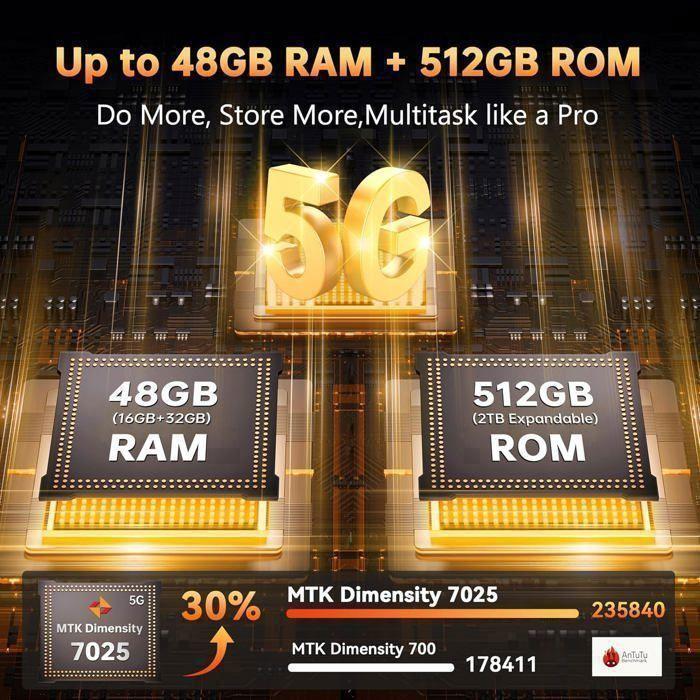 Smartphone Robuste OUKITEL WP55 Pro 5G 48Go+512Go 108MP Téléphone Incassable 11000mAh 6.6" FHD+ 120Hz Android 15 Dual SIM/NFC Noir