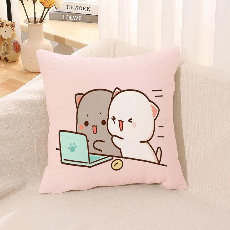 Pillow Cover Square Cushion for Bed Car Office Peach Mochi Cat Decorative Anime Room
