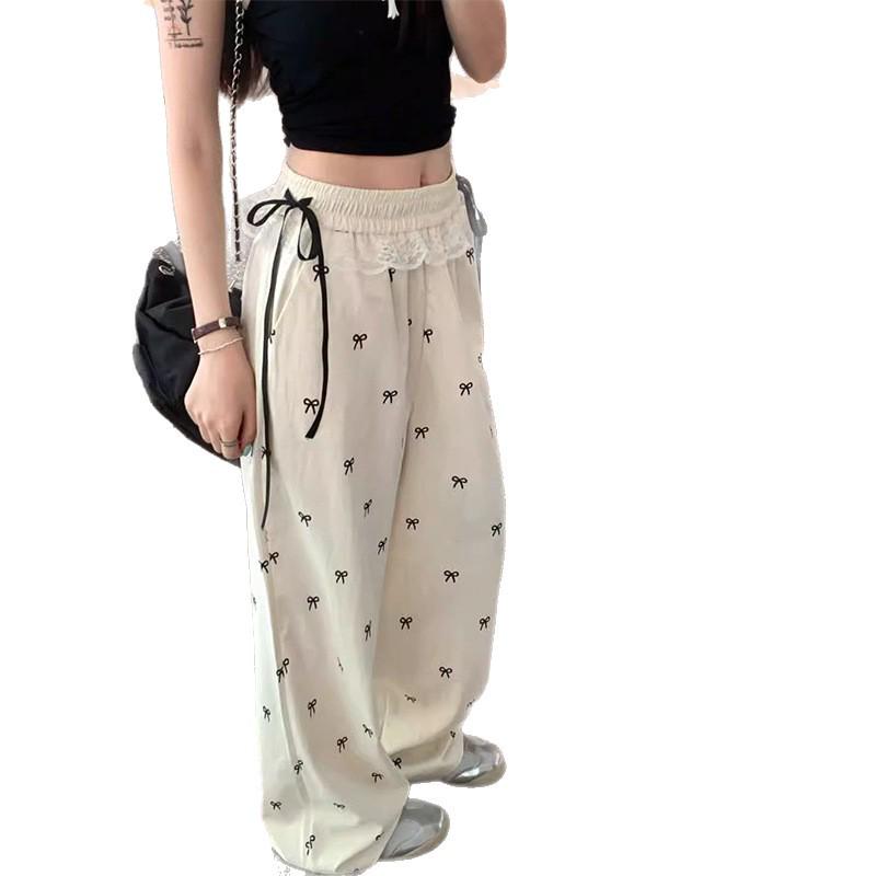 Women's Summer 2026 Sweet & Spicy Lace Trim Bow Knot Wide-Leg Pants with Elastic Waist