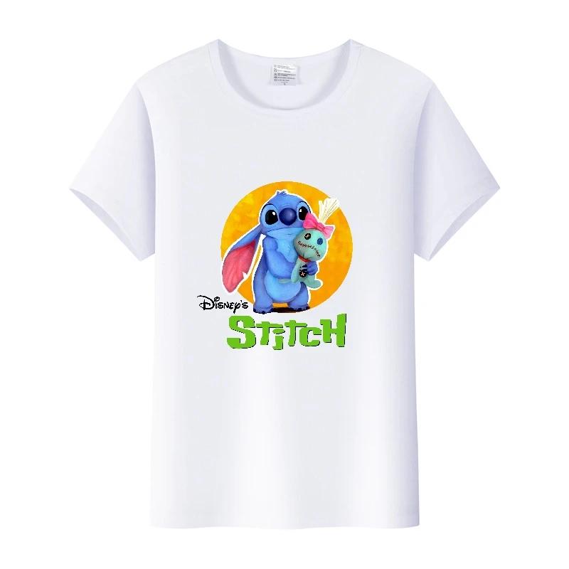 Kawaii Disney Cartoon Blouse Lilo Stitch Love Top Summer Short Sleeve 90S T-shirts White Shirt Kids Tees Woman Plus Size Clothes