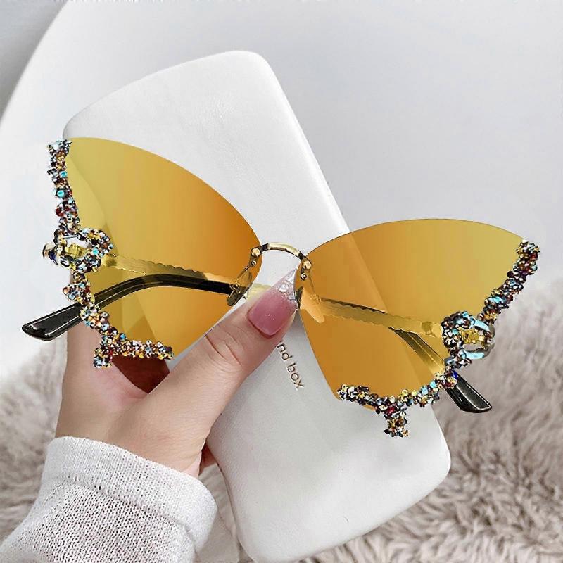 Luxury Designer Frameless Crystal Butterfly Sunglasses Vintage Brand Shades for Women Rimless Sun Glasses Bling Diamond Eyewear
