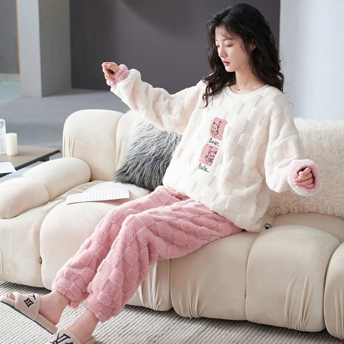 

Милая милая пижама с медведем на осень-зиму для женщин, новая клетчатая хлопковая мягкая ночная рубашка с круглым вырезом, корейская повседневная теплая пижама L