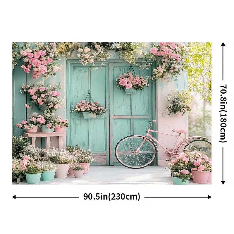 2D Pink Floral Bicycle Backdrop, Spring Turquoise Door Photography Background Banner