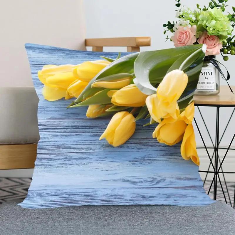 Tulip Flower Pillowcase Bedroom Home Office Decorative Square