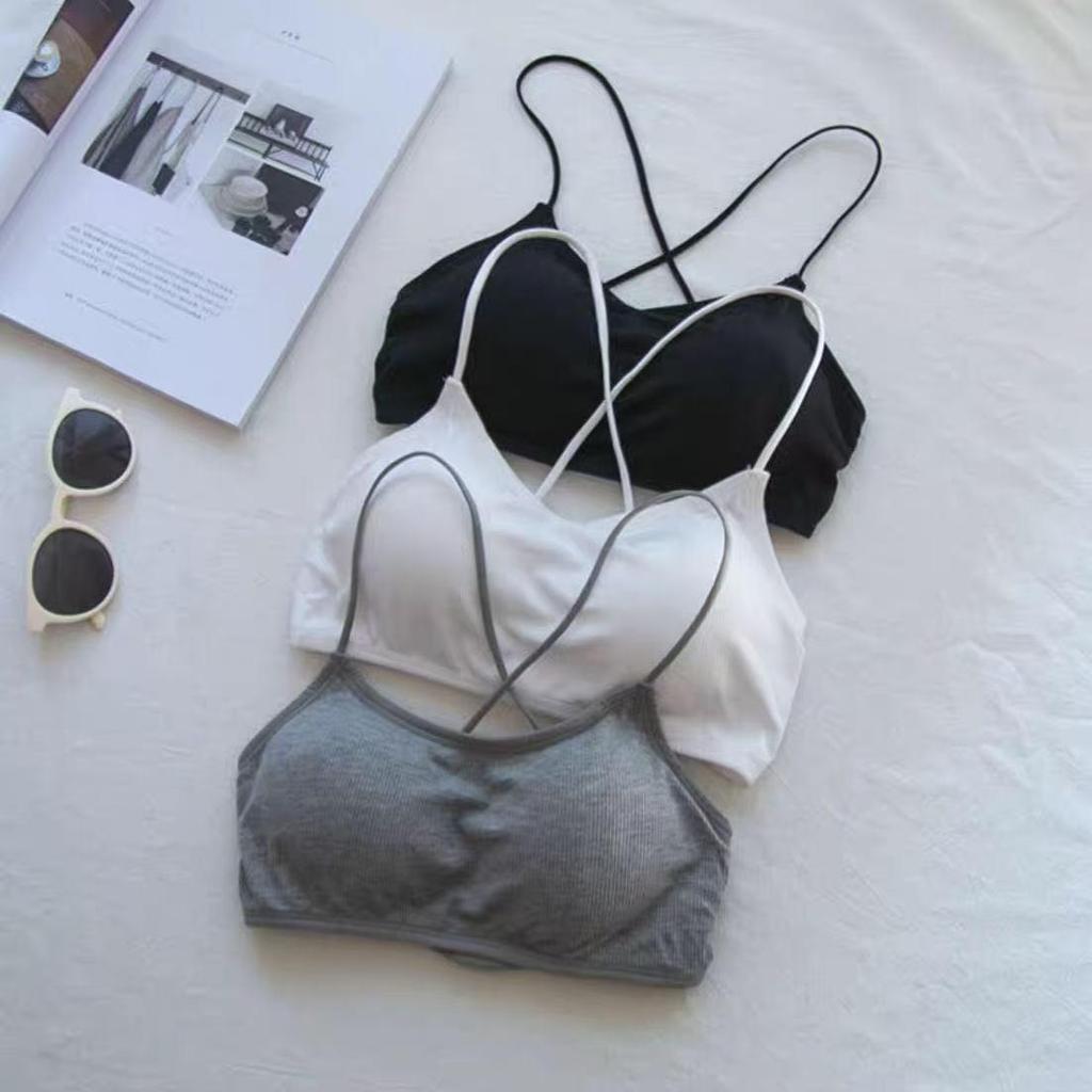 Cienki Bezplecowy Biustonosz Push-Up z Krzyżującymi się Ramiączkami i Wkładkami na Biust - Damski Elegancki Top Kamizelka