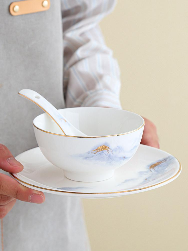 Hotel & Restaurant Gold Rim Ceramic Dinnerware Set - Plates, Bowls, Chopsticks, Spoon (4-Piece)