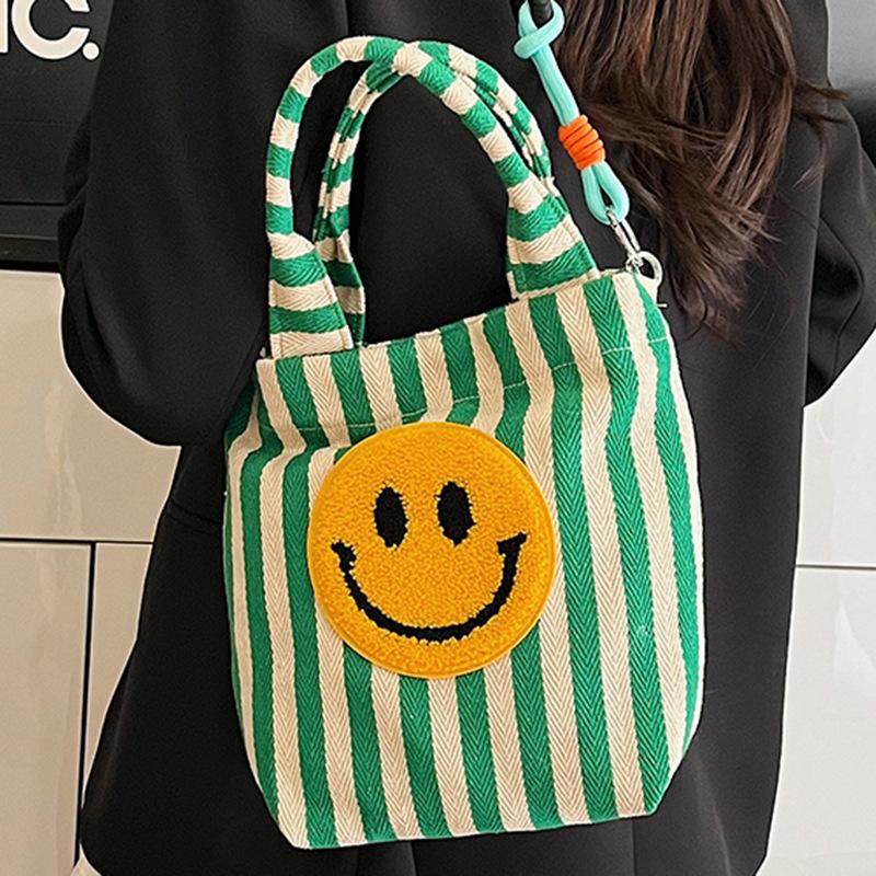 2025 Summer New Korean Cute Contrasting Striped Smiley Face Bag Casual Handbag Versatile Commuter Shoulder Bag