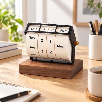 Tabletop Perpetual Calendar with Wooden Base Decorative for Office, Study