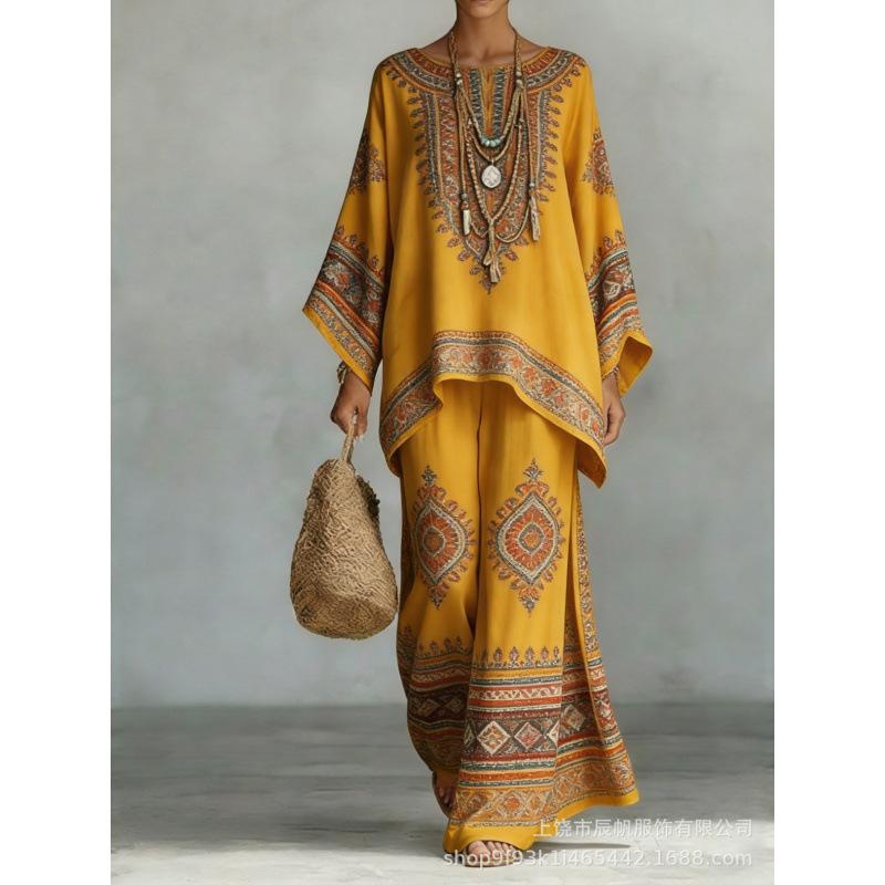 1116 European and American spring new printing temperament round neck versatile casual loose two-piece set
