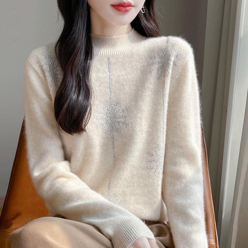 

Осень Зима Женский Свитер Рождественский Стиль Воротник-стойка Длинный Рукав Толстый Теплый Пуловер Вязаный Свободный Базовый Топ Красный Джемпер M бежевый