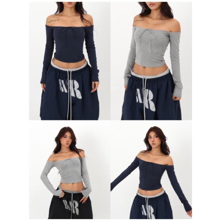 Women s 2025 Autumn One-Shoulder Bowknot Slimming Long-Sleeve Top Extra Large темно-синий