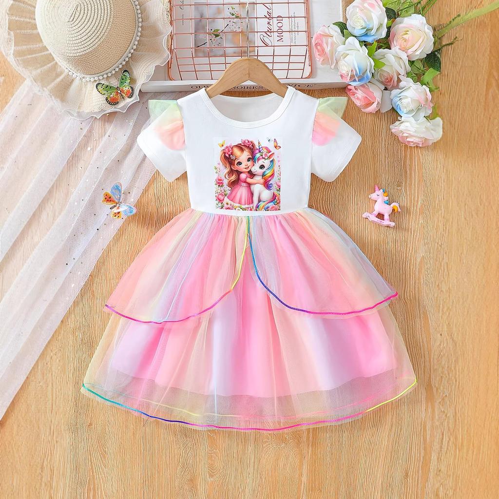 Girls Summer Short Sleeve Tulle Princess Dress with Cartoon Design