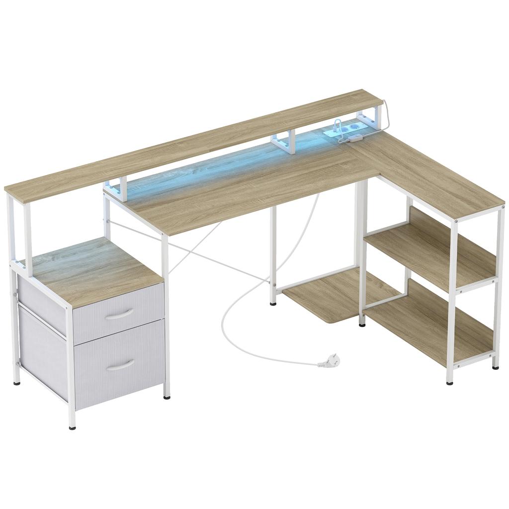 Corner Desk, Power Outlets, RGB LED, Monitor Stand, 2 Drawers, 172 x 100 cm, White