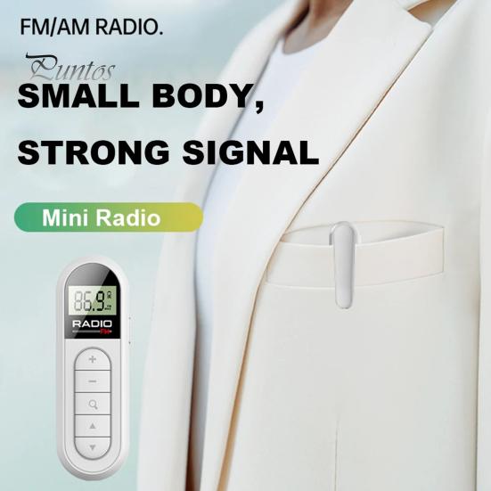 Mini-FM-Radio mit Taschenclip, LCD-Display mit Hintergrundbeleuchtung und 3,5-mm-Kopfhörer, einstellbarer Frequenz, DSP-Filterchip