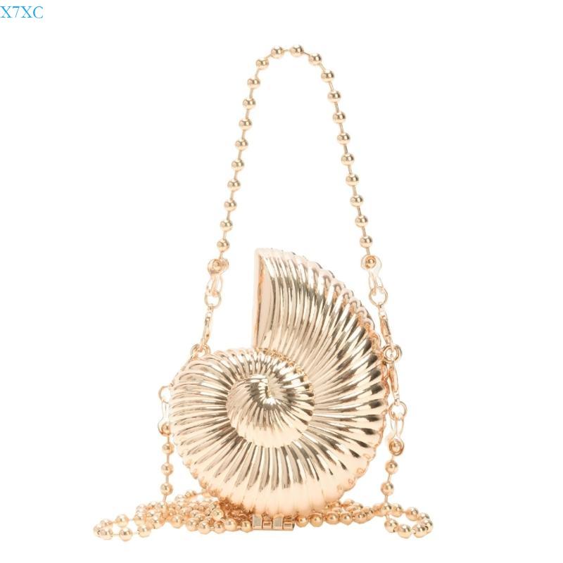 

X7XC Metallic Conch Small Shoulder Bag Shining Acrylic Crossbody Purse with Chain Strap Lipstick Case Evening Handbag