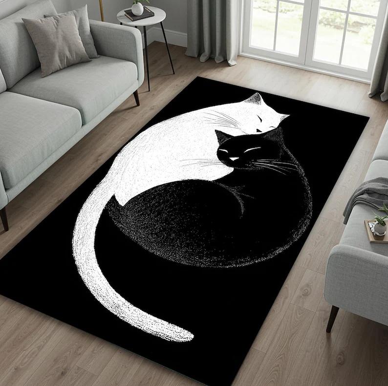 Yin Yang Cat Carpet Black and White Cat Large Carpet Cute Cartoon Realistic Cat Door Mat Bedroom Living Room Home Decoration Rug
