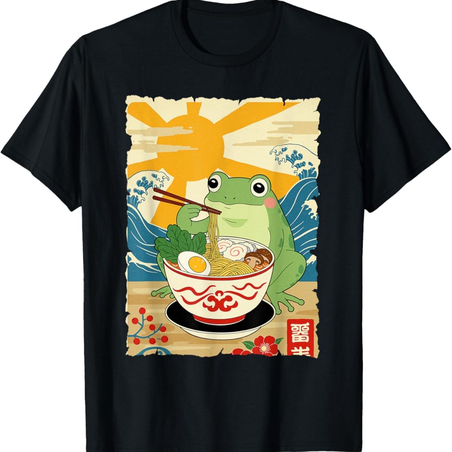 Kawaii Frog Eating Ramen Noodle Japan Anime Ramen Lover T-Shirt S чёрный