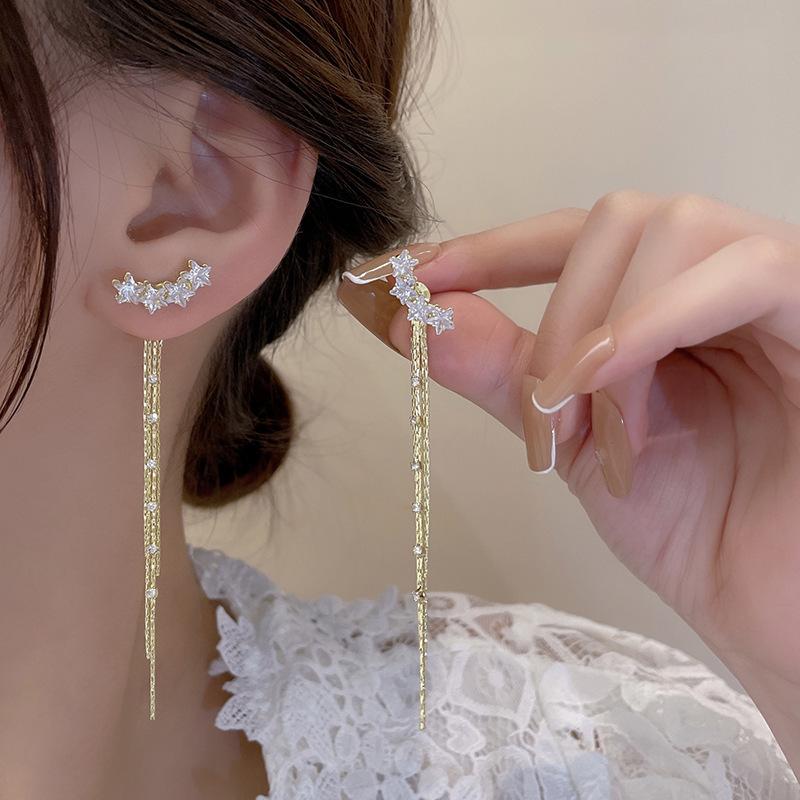 Long Fringed Zircon Earrings Light Luxury Niche Versatile Temperament Bow Stud Earrings