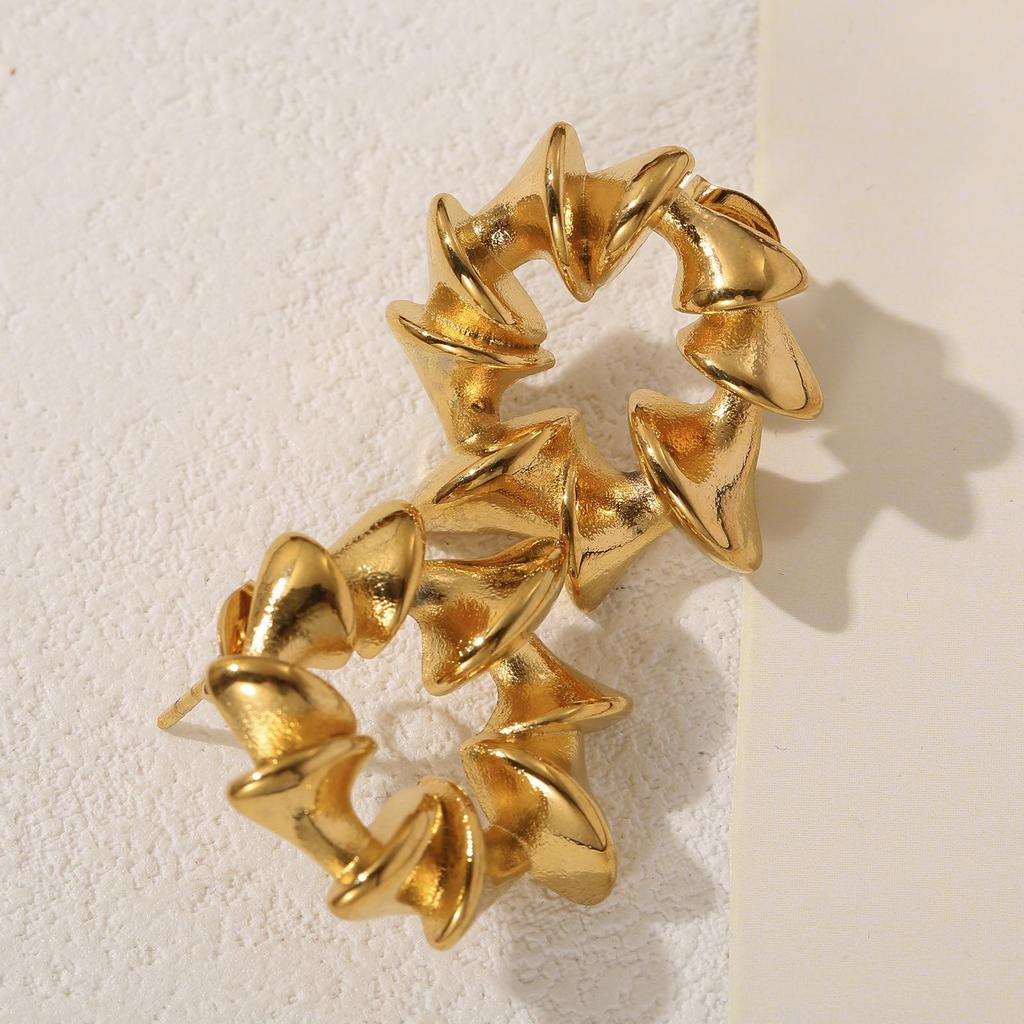 LNCHRAN Gold Tone Geometric Wreath Earrings - Women's Stainless Steel Twisted Pleat Design