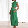 Lady Prom Dress Pleated Sleeveless Solid Color Stand Collar Hollow Out Dress-up Mid-calf Length Wedding Party Women Banquet Dress Female Clothing