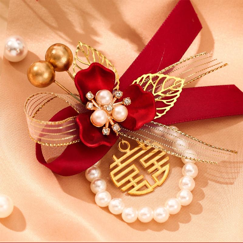 Brățară Exquisită pentru Domnișoare de Onoare cu Flori Artificiale, Panglică Dulce de Nuntă, Fundă cu Perle, Flori de Mână pentru Mireasă, Accesorii de Petrecere, Bal de Promovare, Cadouri