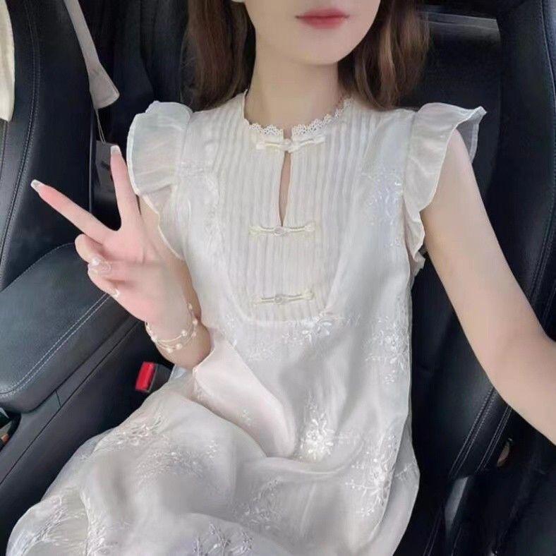 

2026 Summer Women s Retro Chinese Long Dress with Small Flutter Sleeves S [Recommended: 42.5kg-50kg]