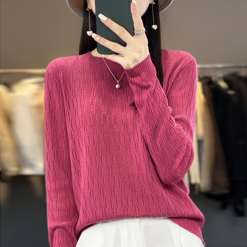 Round-neck Long-sleeved Women's Thin Loose Knitted Sweater, Exquisite Lantern-shaped Hollowed-out Knitted Top