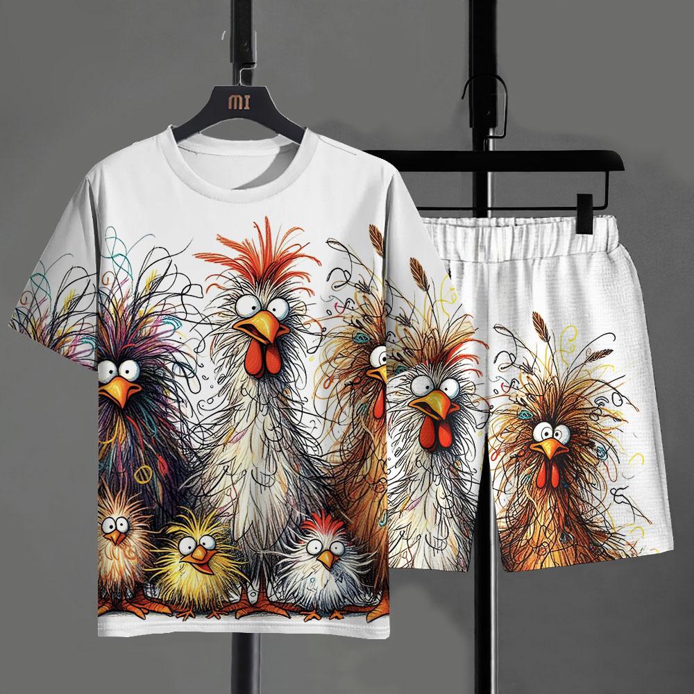 ETST 26 Grappige Heren T-shirt Broek Set Cartoon Kip Print Zomer Casual Korte Mouw Pullover T-shirts Buiten Mannen Oversized Kleding 2XL