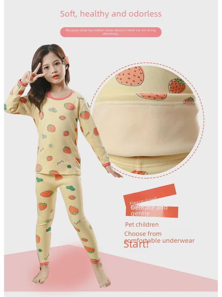 Children's Thermal Pajama Set: Unisex, Round Neck, Plus Velvet, Thickened for Autumn & Winter.