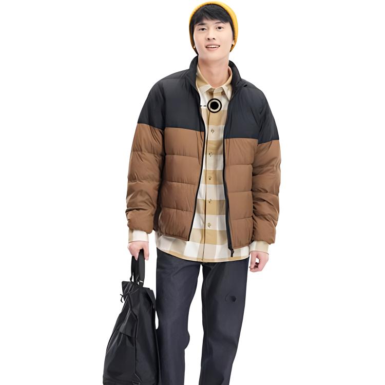 UNIQLO Color Block Stand Collar Zipper Low Saturation Down Jacket Men outerwear Light-Brown 456570-35