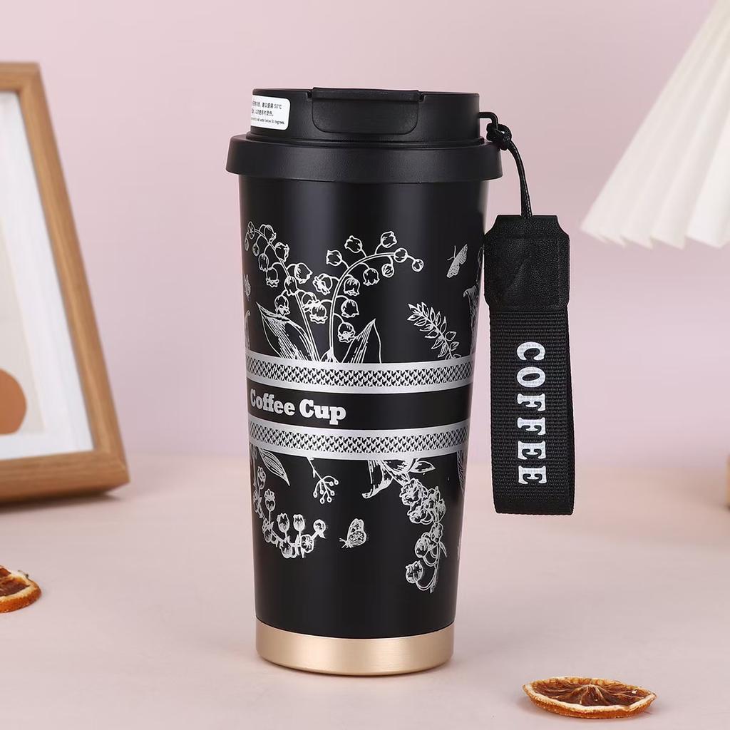 New lily of the valley 316 stainless steel coffee cup ceramic liner thermos cup large capacity high-value gift water cup