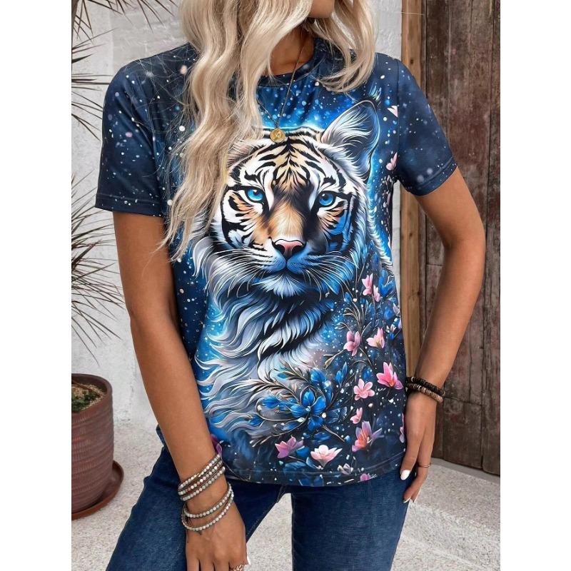 Summer Vintage Women T-shirts 3d Animal Tiger Print Tshirt Women Fashion T-shirt V-Neck Oversized T Shirt Women's Clothing Anime