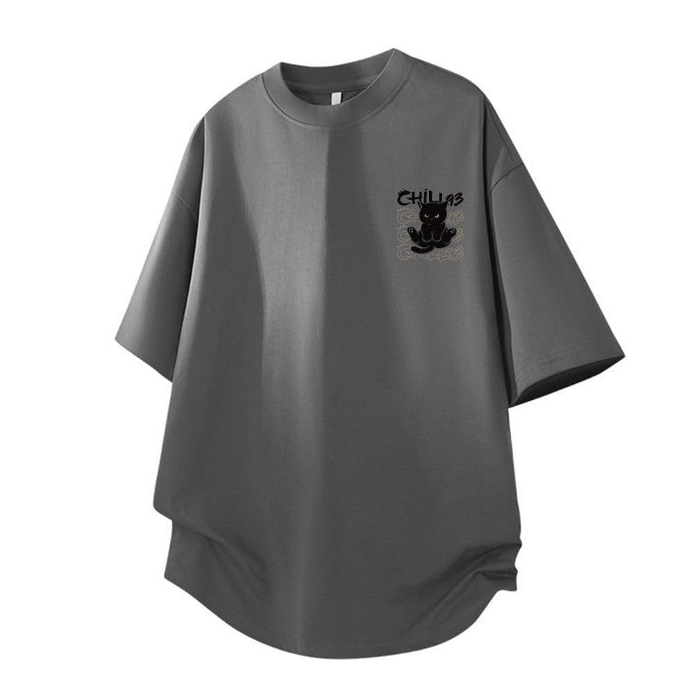 [Liaziong] Summer T-Shirt for Men, Short Sleeve, 100% Cotton, Plus Sizes, Cute Cat Print, Crew Neck, Half Sleeve Top - Gray - 2XL