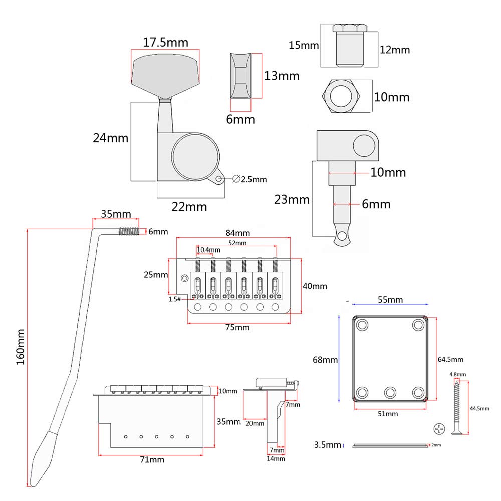 ST Style Electric Guitar Full Set DIY Accessory Kit with Pickguard SSS Pickups and Other Accessories Pre-Wired Bridge, (Black)