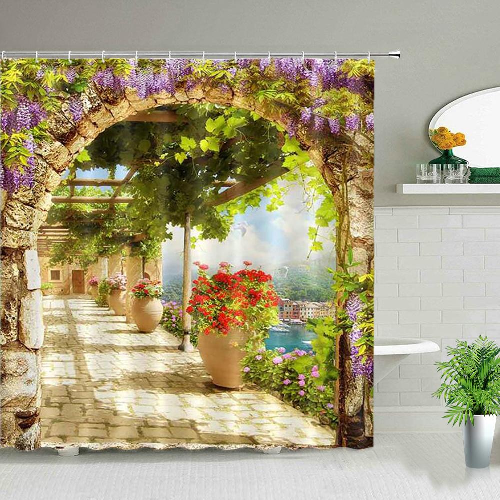 Waterproof Shower Curtain Set Flowers Arch Bridge Landscape Home Decor Bathroom Curtain Polyester Fabric Background Wall Decor