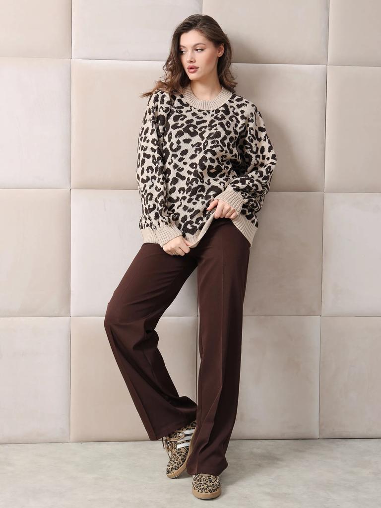 Women's Autumn and Winter Leopard Print Jacquard Crew Neck Knitted Sweater Loose Shoulder Lantern Sleeve Casual Pullover