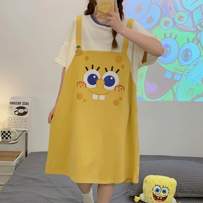 

No chest pad pajamas spring and summer women s short-sleeved pajamas round neck cartoon jade cinnamon dog new long skirt loungewear M