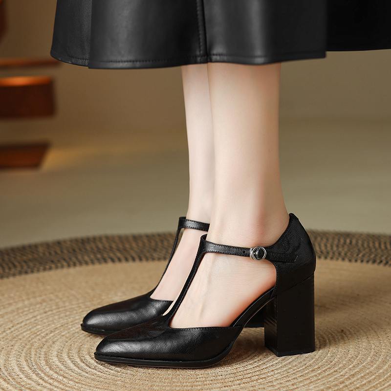 Krazing Pot Sheepskin Suede Round Toe Size 41 Thick High Heels Buckle Office Lady Gladiator Autumn Pumps