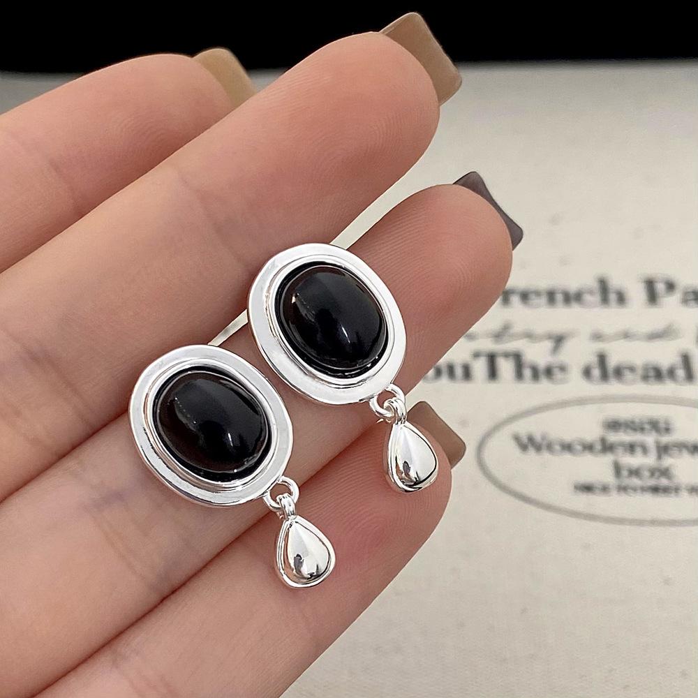 Punk Geometric Drop Big Stud Earrings For Women Rock Oval Black Stone Color Simple Ins Cool Party Jewelry Gift