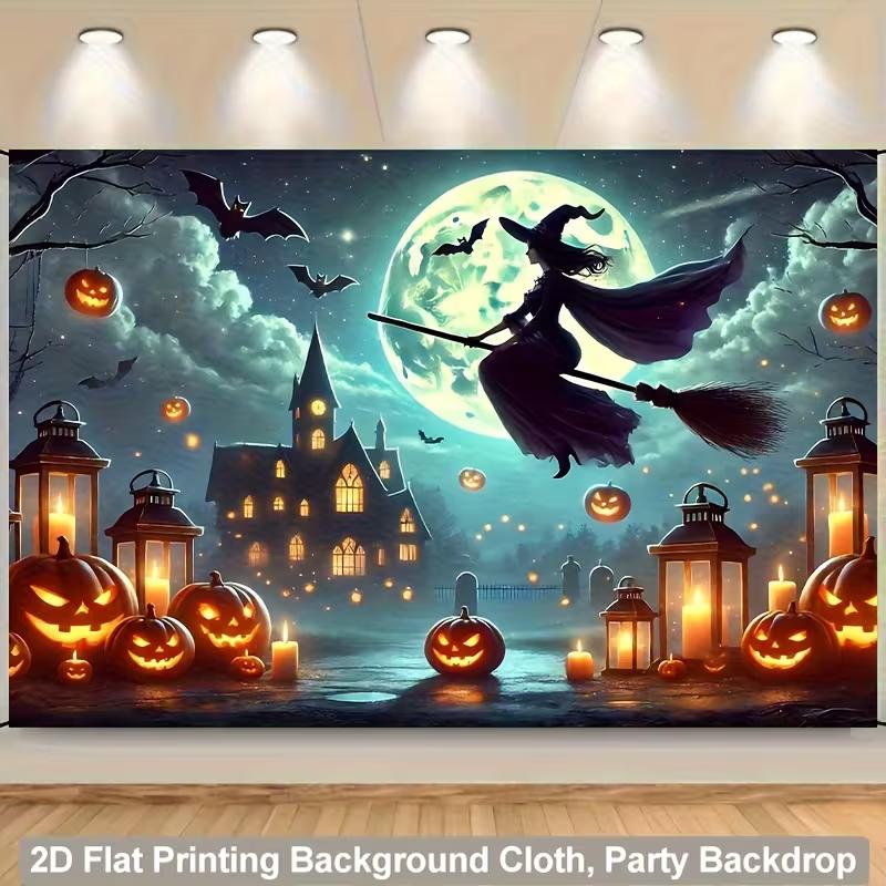

2D Halloween Night Tapestry, Witch on Broom with Pumpkins Wall Decor 47.2x31.5inch/120*80cm