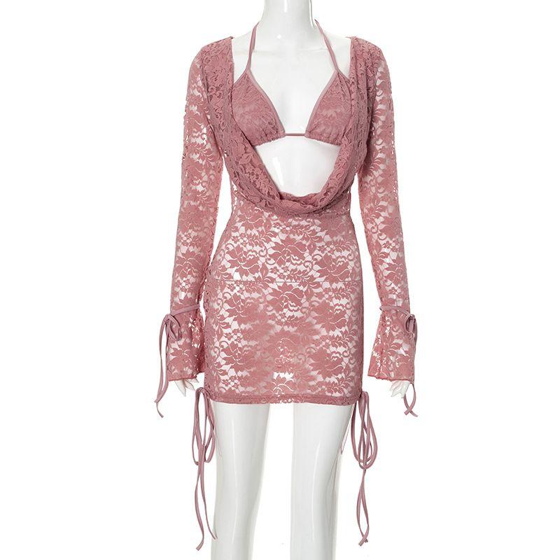 Fashion Women's New Pure Color Casual Lace Up Lace Long Sleeves Top Skirt Backless See-through Deep V Strap Suit