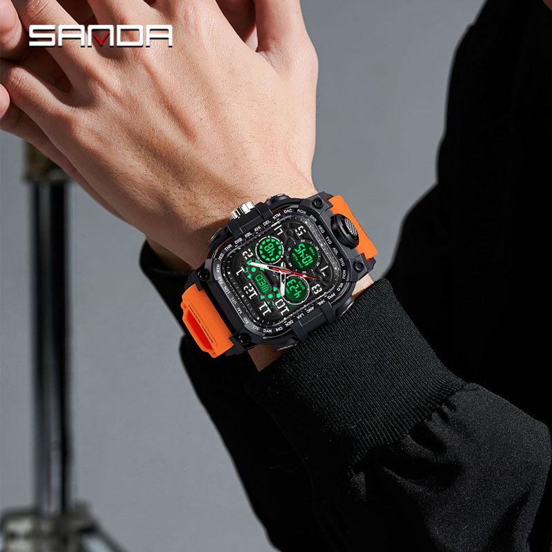Sanda Men's Trendy Waterproof Multi-Functional Electronic Watches with Three-Time Zones for Casual Use